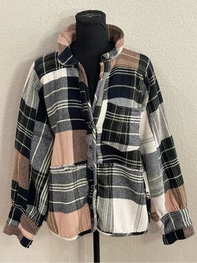 Free People We The Free Cozy in Plaid Button-Up Shacket in Black, Cream & Blush